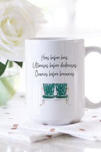 This is the perfect mug for anyone who loves all things Parks and Rec!   "Hoes before bros. Uteruses before duderuses. Ovaries before brovaries." - Leslie Knope