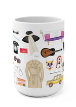 Breakfast at Tiffany's mug. Audrey Hepburn mug. Audrey Hepburn fan gift. The iconic little black dress, white tuxedo sleep shirt, pink ballet flats, purple tassel earrings, classic trench coat, Tiffany blue teal sleep mask, orange tabby cat, New York City yellow taxi cab, the bathtub couch