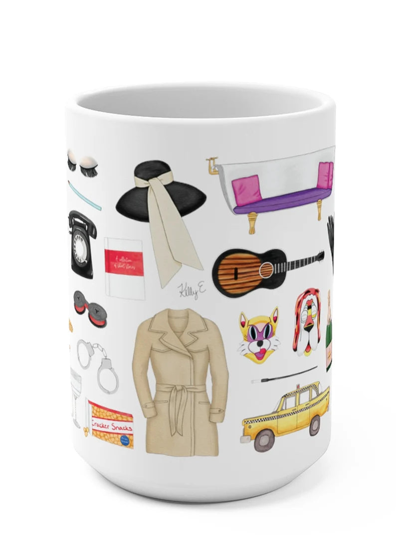Breakfast at Tiffany's mug. Audrey Hepburn mug. Audrey Hepburn fan gift. The iconic little black dress, white tuxedo sleep shirt, pink ballet flats, purple tassel earrings, classic trench coat, Tiffany blue teal sleep mask, orange tabby cat, New York City yellow taxi cab, the bathtub couch