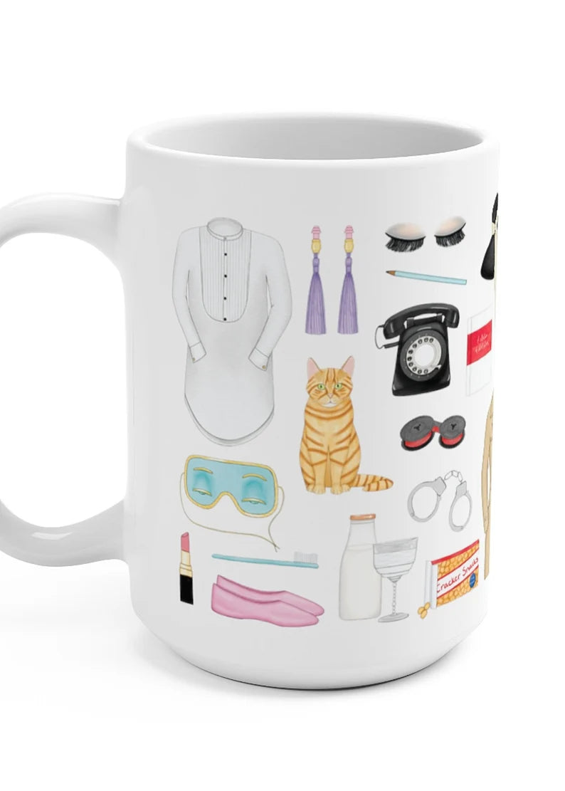 Breakfast at Tiffany's mug. Audrey Hepburn mug. Audrey Hepburn fan gift. The iconic little black dress, white tuxedo sleep shirt, pink ballet flats, purple tassel earrings, classic trench coat, Tiffany blue teal sleep mask, orange tabby cat, New York City yellow taxi cab, the bathtub couch