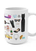 Breakfast at Tiffany's mug. Audrey Hepburn mug. Audrey Hepburn fan gift. The iconic little black dress, white tuxedo sleep shirt, pink ballet flats, purple tassel earrings, classic trench coat, Tiffany blue teal sleep mask, orange tabby cat, New York City yellow taxi cab, the bathtub couch