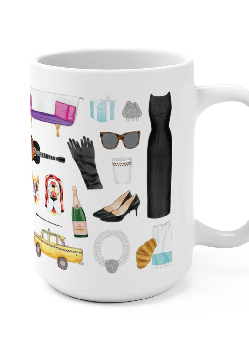 Breakfast at Tiffany's mug. Audrey Hepburn mug. Audrey Hepburn fan gift. The iconic little black dress, white tuxedo sleep shirt, pink ballet flats, purple tassel earrings, classic trench coat, Tiffany blue teal sleep mask, orange tabby cat, New York City yellow taxi cab, the bathtub couch