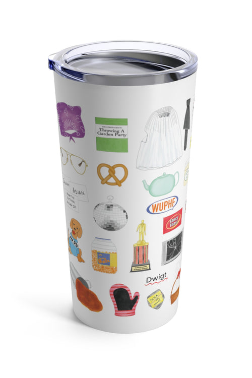 The Office tumbler. Prison Mike's bandana, the guide to Throwing a Garden Party, Pam's ripped wedding veil and Jim's cut tie, Diversity Day Cards, Cafe Disco disco ball, Nard dog, Stanley's crossword puzzle, Pam's teapot, pretzel day, the bouncing dvd logo, the Bushiest Beaver Dundie Award, the It Is Your Birthday banner, Kevin's chili, tickets to Sandals, Dwight's stapler in jello, Pam's painting, a Scott's tots t-shirt