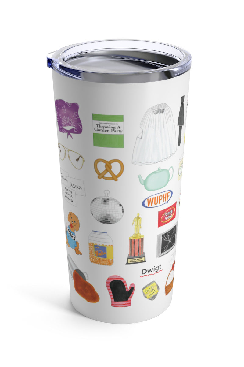 The Office tumbler. Prison Mike's bandana, the guide to Throwing a Garden Party, Pam's ripped wedding veil and Jim's cut tie, Diversity Day Cards, Cafe Disco disco ball, Nard dog, Stanley's crossword puzzle, Pam's teapot, pretzel day, the bouncing dvd logo, the Bushiest Beaver Dundie Award, the It Is Your Birthday banner, Kevin's chili, tickets to Sandals, Dwight's stapler in jello, Pam's painting, a Scott's tots t-shirt