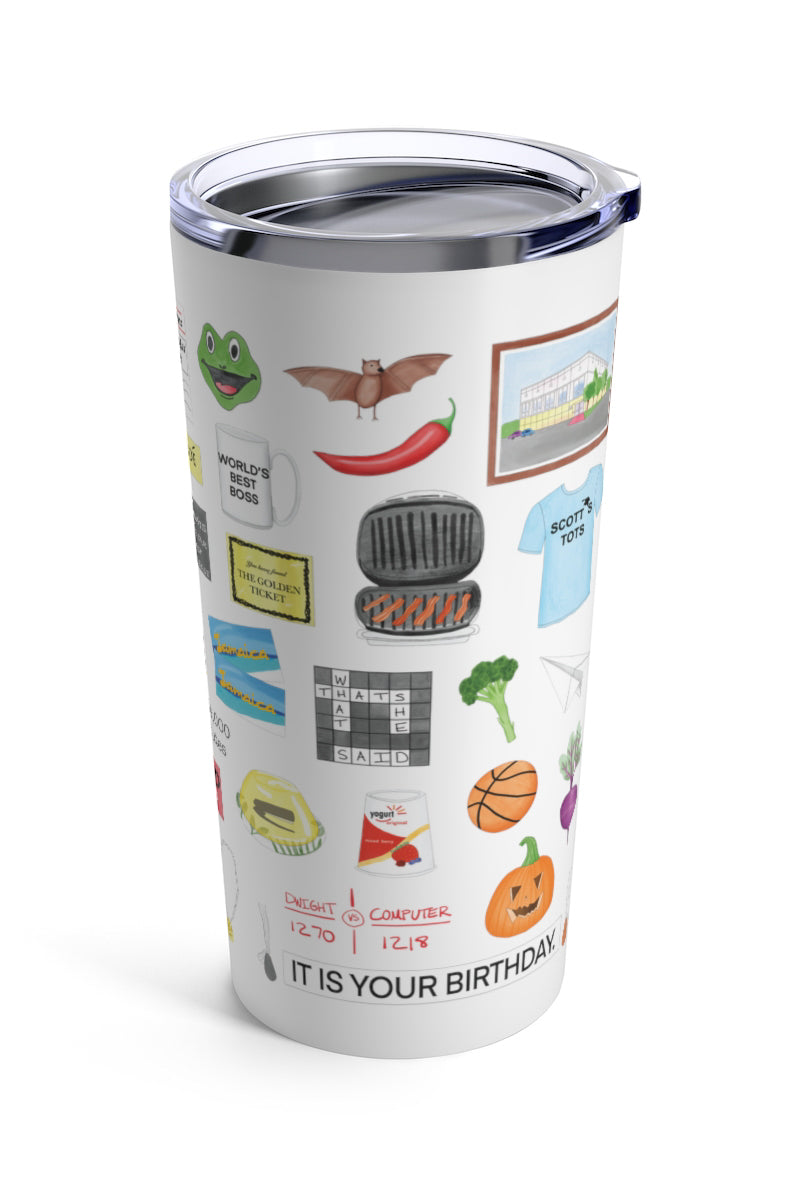 The Office tumbler. Prison Mike's bandana, the guide to Throwing a Garden Party, Pam's ripped wedding veil and Jim's cut tie, Diversity Day Cards, Cafe Disco disco ball, Nard dog, Stanley's crossword puzzle, Pam's teapot, pretzel day, the bouncing dvd logo, the Bushiest Beaver Dundie Award, the It Is Your Birthday banner, Kevin's chili, tickets to Sandals, Dwight's stapler in jello, Pam's painting, a Scott's tots t-shirt