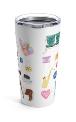 Parks and Rec mug. Lot 48 bench, Tux and Flipper, a child size soda, waffles, Galentine's Day, Duke Silver, DJ Roomba, Greg Pikitis, Jean Ralphio, Mulligan's Steakhouse, Mouse Rat, a raccoon, Champion's tag, the Swanson pyramid of greatness, calzone, marshmallow Ron, the bachelor boy hat, Johnny Karate, a Nutriyum bar, Leslie and Ben's love lock, Cones of Dunnshire, Burt Macklin, Janet snakehole, Snake Juice, treat yo'self, the Pawnee goddesses, Lil Sebastian