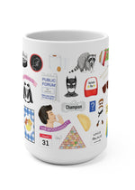 Parks and Rec mug. Lot 48 bench, Tux and Flipper, a child size soda, waffles, Galentine's Day, Duke Silver, DJ Roomba, Greg Pikitis, Jean Ralphio, Mulligan's Steakhouse, Mouse Rat, a raccoon, Champion's tag, the Swanson pyramid of greatness, calzone, marshmallow Ron, the bachelor boy hat, Johnny Karate, a Nutriyum bar, Leslie and Ben's love lock, Cones of Dunnshire, Burt Macklin, Janet snakehole, Snake Juice, treat yo'self, the Pawnee goddesses, Lil Sebastian