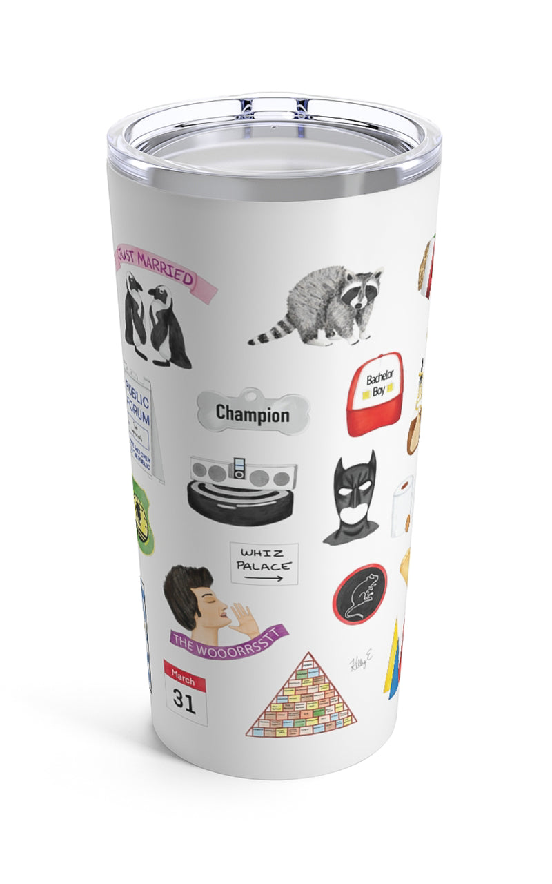 Parks and Rec mug. Lot 48 bench, Tux and Flipper, a child size soda, waffles, Galentine's Day, Duke Silver, DJ Roomba, Greg Pikitis, Jean Ralphio, Mulligan's Steakhouse, Mouse Rat, a raccoon, Champion's tag, the Swanson pyramid of greatness, calzone, marshmallow Ron, the bachelor boy hat, Johnny Karate, a Nutriyum bar, Leslie and Ben's love lock, Cones of Dunnshire, Burt Macklin, Janet snakehole, Snake Juice, treat yo'self, the Pawnee goddesses, Lil Sebastian