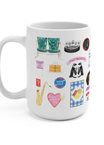 Parks and Rec mug. Lot 48 bench, Tux and Flipper, a child size soda, waffles, Galentine's Day, Duke Silver, DJ Roomba, Greg Pikitis, Jean Ralphio, Mulligan's Steakhouse, Mouse Rat, a raccoon, Champion's tag, the Swanson pyramid of greatness, calzone, marshmallow Ron, the bachelor boy hat, Johnny Karate, a Nutriyum bar, Leslie and Ben's love lock, Cones of Dunnshire, Burt Macklin, Janet snakehole, Snake Juice, treat yo'self, the Pawnee goddesses, Lil Sebastian