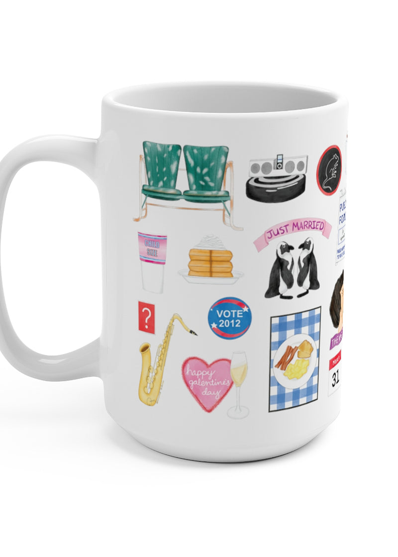 Parks and Rec mug. Lot 48 bench, Tux and Flipper, a child size soda, waffles, Galentine's Day, Duke Silver, DJ Roomba, Greg Pikitis, Jean Ralphio, Mulligan's Steakhouse, Mouse Rat, a raccoon, Champion's tag, the Swanson pyramid of greatness, calzone, marshmallow Ron, the bachelor boy hat, Johnny Karate, a Nutriyum bar, Leslie and Ben's love lock, Cones of Dunnshire, Burt Macklin, Janet snakehole, Snake Juice, treat yo'self, the Pawnee goddesses, Lil Sebastian