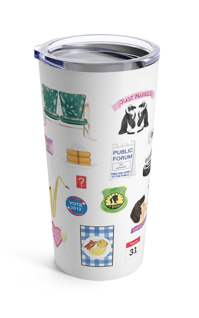 Parks and Rec mug. Lot 48 bench, Tux and Flipper, a child size soda, waffles, Galentine's Day, Duke Silver, DJ Roomba, Greg Pikitis, Jean Ralphio, Mulligan's Steakhouse, Mouse Rat, a raccoon, Champion's tag, the Swanson pyramid of greatness, calzone, marshmallow Ron, the bachelor boy hat, Johnny Karate, a Nutriyum bar, Leslie and Ben's love lock, Cones of Dunnshire, Burt Macklin, Janet snakehole, Snake Juice, treat yo'self, the Pawnee goddesses, Lil Sebastian