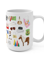 Parks and Rec mug. Lot 48 bench, Tux and Flipper, a child size soda, waffles, Galentine's Day, Duke Silver, DJ Roomba, Greg Pikitis, Jean Ralphio, Mulligan's Steakhouse, Mouse Rat, a raccoon, Champion's tag, the Swanson pyramid of greatness, calzone, marshmallow Ron, the bachelor boy hat, Johnny Karate, a Nutriyum bar, Leslie and Ben's love lock, Cones of Dunnshire, Burt Macklin, Janet snakehole, Snake Juice, treat yo'self, the Pawnee goddesses, Lil Sebastian
