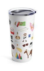 Parks and Rec mug. Lot 48 bench, Tux and Flipper, a child size soda, waffles, Galentine's Day, Duke Silver, DJ Roomba, Greg Pikitis, Jean Ralphio, Mulligan's Steakhouse, Mouse Rat, a raccoon, Champion's tag, the Swanson pyramid of greatness, calzone, marshmallow Ron, the bachelor boy hat, Johnny Karate, a Nutriyum bar, Leslie and Ben's love lock, Cones of Dunnshire, Burt Macklin, Janet snakehole, Snake Juice, treat yo'self, the Pawnee goddesses, Lil Sebastian