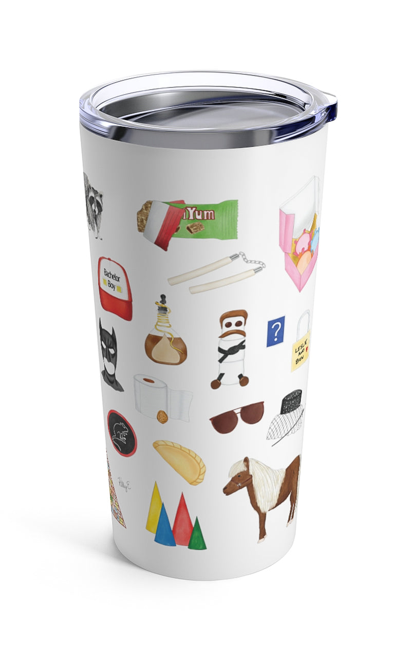 Parks and Rec mug. Lot 48 bench, Tux and Flipper, a child size soda, waffles, Galentine's Day, Duke Silver, DJ Roomba, Greg Pikitis, Jean Ralphio, Mulligan's Steakhouse, Mouse Rat, a raccoon, Champion's tag, the Swanson pyramid of greatness, calzone, marshmallow Ron, the bachelor boy hat, Johnny Karate, a Nutriyum bar, Leslie and Ben's love lock, Cones of Dunnshire, Burt Macklin, Janet snakehole, Snake Juice, treat yo'self, the Pawnee goddesses, Lil Sebastian