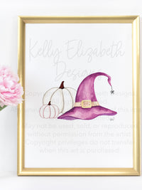 Purple Witch Hat and Pumpkins Art Print