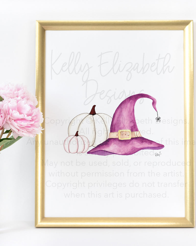 Purple Witch Hat and Pumpkins Art Print
