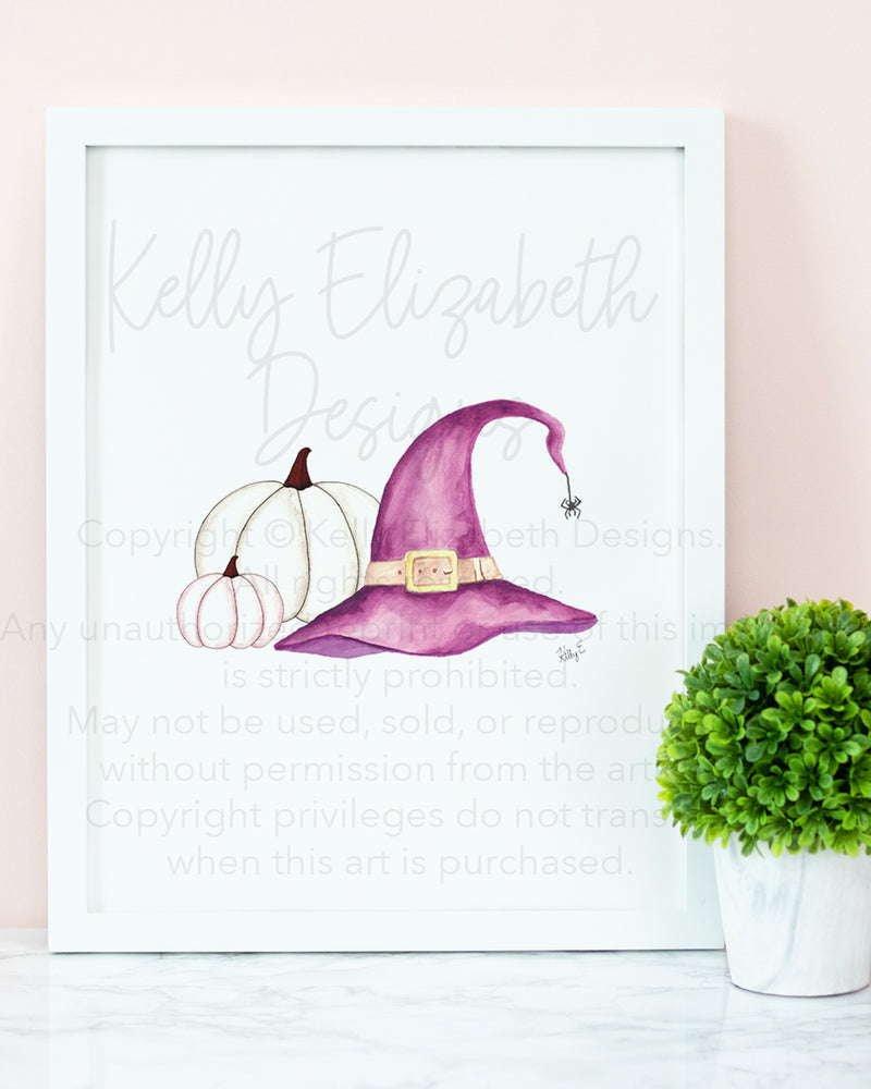 Purple Witch Hat and Pumpkins Art Print