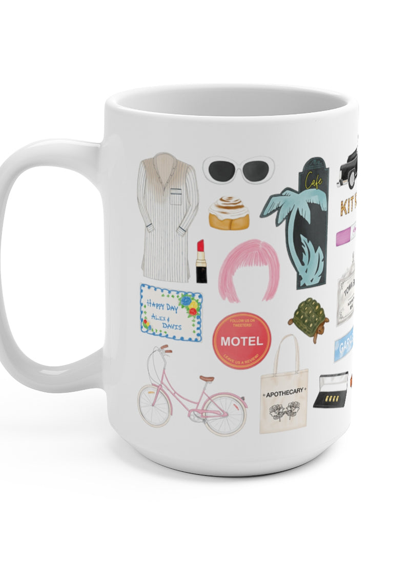 Schitt's Creek mug. Johnny's iconic Bob Cratchit night shirt, the pink bike, motel coaster, Rose Apothecary tote bag, Ted the turtle, some of Moira's famous wigs, a nod to bébé, the 1978 Lincoln, Town Hall, Bob's Garage, the gold proposal rings, David's pitch fork, the sad Christmas tree, A Little Bit Alexis season one dvd set, The Crows Have Eyes movie poster, a nod to 