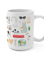 Schitt's Creek mug. Johnny's iconic Bob Cratchit night shirt, the pink bike, motel coaster, Rose Apothecary tote bag, Ted the turtle, some of Moira's famous wigs, a nod to bébé, the 1978 Lincoln, Town Hall, Bob's Garage, the gold proposal rings, David's pitch fork, the sad Christmas tree, A Little Bit Alexis season one dvd set, The Crows Have Eyes movie poster, a nod to "fold in the cheese", Moira's Rose's Garden plaque, Alexis's hat and cell phone