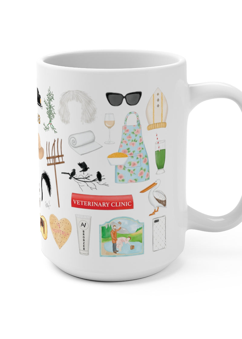 Schitt's Creek mug. Johnny's iconic Bob Cratchit night shirt, the pink bike, motel coaster, Rose Apothecary tote bag, Ted the turtle, some of Moira's famous wigs, a nod to bébé, the 1978 Lincoln, Town Hall, Bob's Garage, the gold proposal rings, David's pitch fork, the sad Christmas tree, A Little Bit Alexis season one dvd set, The Crows Have Eyes movie poster, a nod to "fold in the cheese", Moira's Rose's Garden plaque, Alexis's hat and cell phone