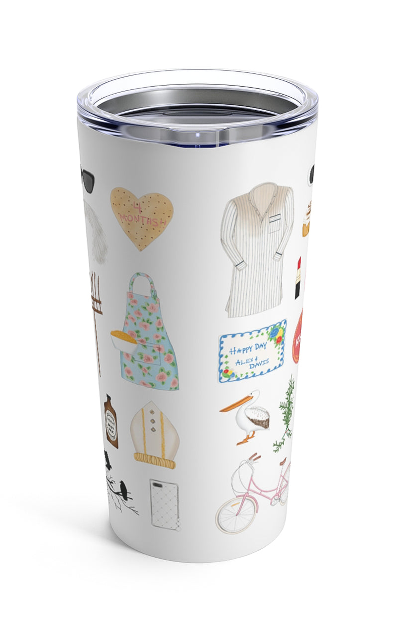 Schitt's Creek tumbler. Johnny's iconic Bob Cratchit night shirt, the pink bike, motel coaster, Rose Apothecary tote bag, Ted the turtle, some of Moira's famous wigs, a nod to bébé, the 1978 Lincoln, Town Hall, Bob's Garage, the gold proposal rings, Davids's pitch fork, the sad Christmas tree, A Little Bit Alexis season one dvd set, The Crows Have Eyes movie poster, a nod to "fold in the cheese", Moira's Rose's Garden plaque, Alexis's hat and cell phone