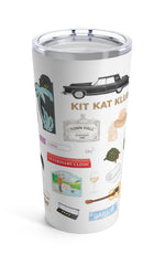 Schitt's Creek tumbler. Johnny's iconic Bob Cratchit night shirt, the pink bike, motel coaster, Rose Apothecary tote bag, Ted the turtle, some of Moira's famous wigs, a nod to bébé, the 1978 Lincoln, Town Hall, Bob's Garage, the gold proposal rings, Davids's pitch fork, the sad Christmas tree, A Little Bit Alexis season one dvd set, The Crows Have Eyes movie poster, a nod to "fold in the cheese", Moira's Rose's Garden plaque, Alexis's hat and cell phone