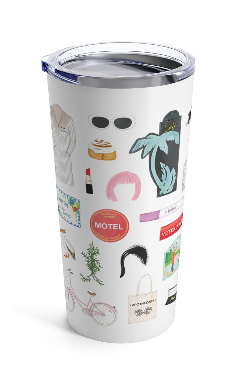 Schitt's Creek tumbler. Johnny's iconic Bob Cratchit night shirt, the pink bike, motel coaster, Rose Apothecary tote bag, Ted the turtle, some of Moira's famous wigs, a nod to bébé, the 1978 Lincoln, Town Hall, Bob's Garage, the gold proposal rings, Davids's pitch fork, the sad Christmas tree, A Little Bit Alexis season one dvd set, The Crows Have Eyes movie poster, a nod to "fold in the cheese", Moira's Rose's Garden plaque, Alexis's hat and cell phone