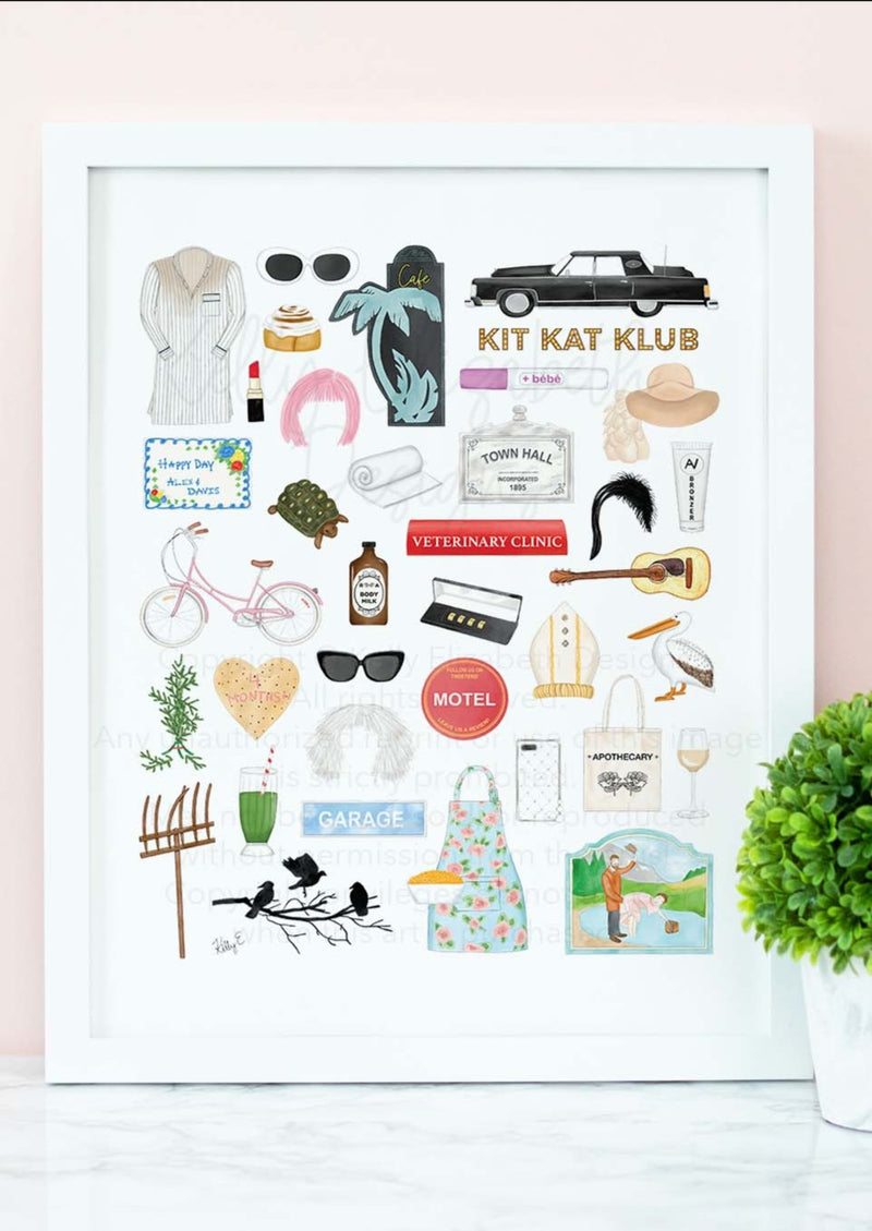 Schitt's Creek art print. Johnny's iconic Bob Cratchit night shirt, the pink bike, motel coaster, Rose Apothecary tote bag, Ted the turtle, some of Moira's famous wigs, a nod to bébé, the 1978 Lincoln, Town Hall, Bob's Garage, the gold proposal rings, David's pitch fork, the sad Christmas tree, A Little Bit Alexis season one dvd set, The Crows Have Eyes movie poster, a nod to "fold in the cheese", Moira's Rose's Garden plaque, Alexis's hat and cell phone