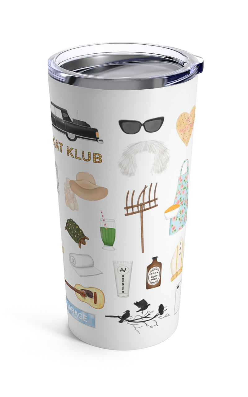 Schitt's Creek tumbler. Johnny's iconic Bob Cratchit night shirt, the pink bike, motel coaster, Rose Apothecary tote bag, Ted the turtle, some of Moira's famous wigs, a nod to bébé, the 1978 Lincoln, Town Hall, Bob's Garage, the gold proposal rings, Davids's pitch fork, the sad Christmas tree, A Little Bit Alexis season one dvd set, The Crows Have Eyes movie poster, a nod to "fold in the cheese", Moira's Rose's Garden plaque, Alexis's hat and cell phone