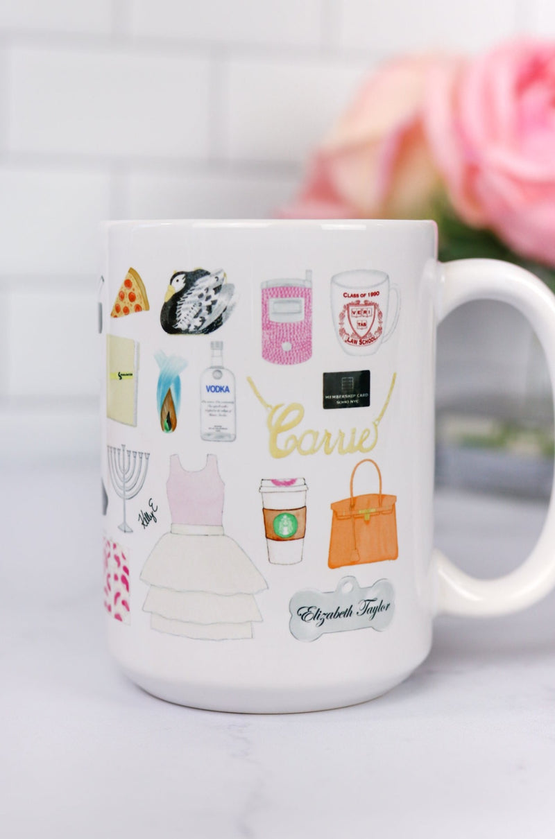 SATC Sex and the City mug. The iconic Carrie necklace, her laptop, cosmopolitan, the New York Star, a classic yellow cab, Miranda's chocolate cake, Charlotte's Tiffany box, Samantha's phone, the blue Manolo, the infamous fashion roadkill panties, the breakup post-it, Miranda's Tivo remote, Samantha's pink wig, the infamous clutch from Big, Miranda's favorite Harvard mug, and many more favorites