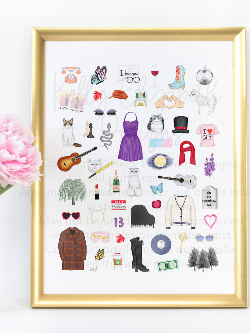 Taylor Swift fan art print in honor of the Eras Tour. Wine, champagne, and Taylor's cats Meredith, Olivia, and Benjamin. Taylor Swift era. Fearless era. Speak Now era. Red era. 1989 era. reputation era. Lover Era. Folklore era. Evermore era. Red Taylor's Version Era. Midnights era.