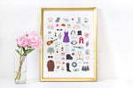 Taylor Swift fan art print in honor of the Eras Tour. Wine, champagne, and Taylor's cats Meredith, Olivia, and Benjamin. Taylor Swift era. Fearless era. Speak Now era. Red era. 1989 era. reputation era. Lover Era. Folklore era. Evermore era. Red Taylor's Version Era. Midnights era.