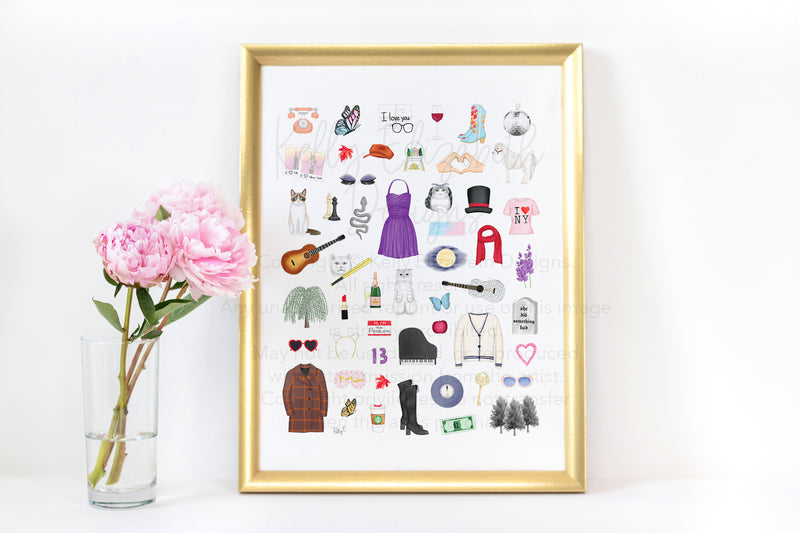 Taylor Swift fan art print in honor of the Eras Tour. Wine, champagne, and Taylor's cats Meredith, Olivia, and Benjamin. Taylor Swift era. Fearless era. Speak Now era. Red era. 1989 era. reputation era. Lover Era. Folklore era. Evermore era. Red Taylor's Version Era. Midnights era.