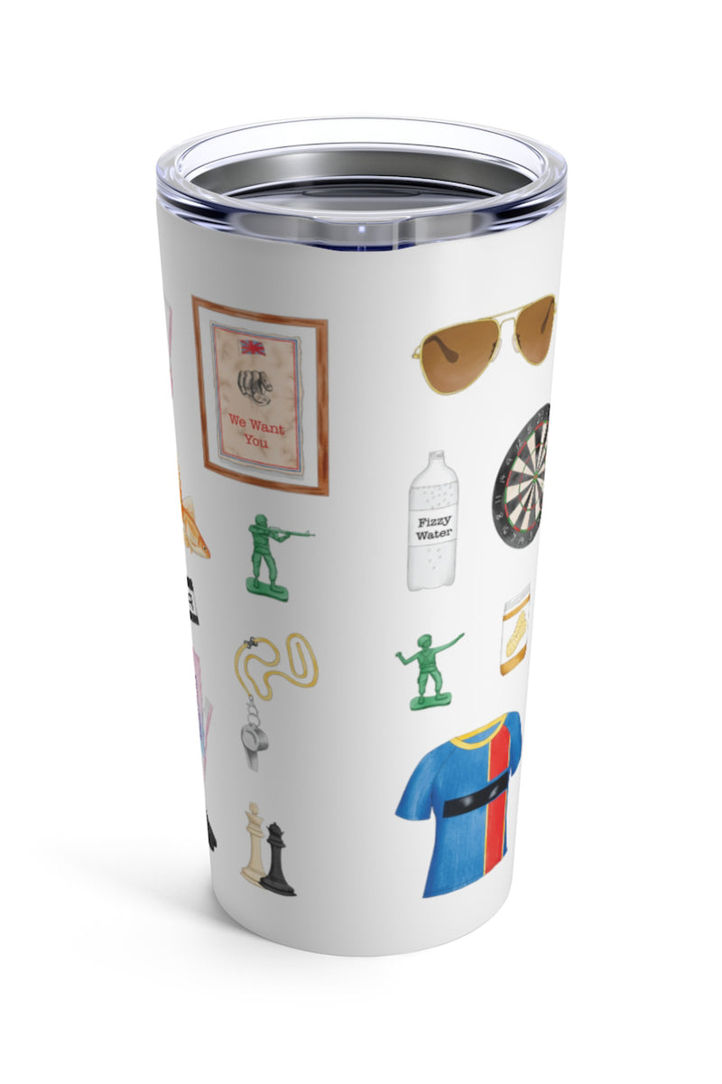 Ted Lasso tumbler. Ted's iconic sunglasses, visor, and whistle, fizzy water, a dart board, bbq sauce, toy soldiers, Roy's curse word tab, Keely's planner, Jamie's signature hat, Nate's money box, peanut butter, Roy's rose and yoga mat, the team curse poster, the dreaded dress shoes, Earl's dog tag, gold fish, pint of beer, biscuits with the boss, Sophie's bad breath toothpaste, the captain band, chess pieces, and a tea cup