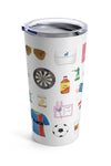 Ted Lasso tumbler. Ted's iconic sunglasses, visor, and whistle, fizzy water, a dart board, bbq sauce, toy soldiers, Roy's curse word tab, Keely's planner, Jamie's signature hat, Nate's money box, peanut butter, Roy's rose and yoga mat, the team curse poster, the dreaded dress shoes, Earl's dog tag, gold fish, pint of beer, biscuits with the boss, Sophie's bad breath toothpaste, the captain band, chess pieces, and a tea cup
