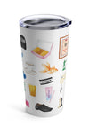 Ted Lasso tumbler. Ted's iconic sunglasses, visor, and whistle, fizzy water, a dart board, bbq sauce, toy soldiers, Roy's curse word tab, Keely's planner, Jamie's signature hat, Nate's money box, peanut butter, Roy's rose and yoga mat, the team curse poster, the dreaded dress shoes, Earl's dog tag, gold fish, pint of beer, biscuits with the boss, Sophie's bad breath toothpaste, the captain band, chess pieces, and a tea cup