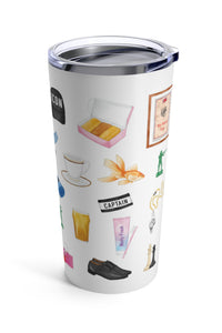 Ted Lasso tumbler. Ted's iconic sunglasses, visor, and whistle, fizzy water, a dart board, bbq sauce, toy soldiers, Roy's curse word tab, Keely's planner, Jamie's signature hat, Nate's money box, peanut butter, Roy's rose and yoga mat, the team curse poster, the dreaded dress shoes, Earl's dog tag, gold fish, pint of beer, biscuits with the boss, Sophie's bad breath toothpaste, the captain band, chess pieces, and a tea cup