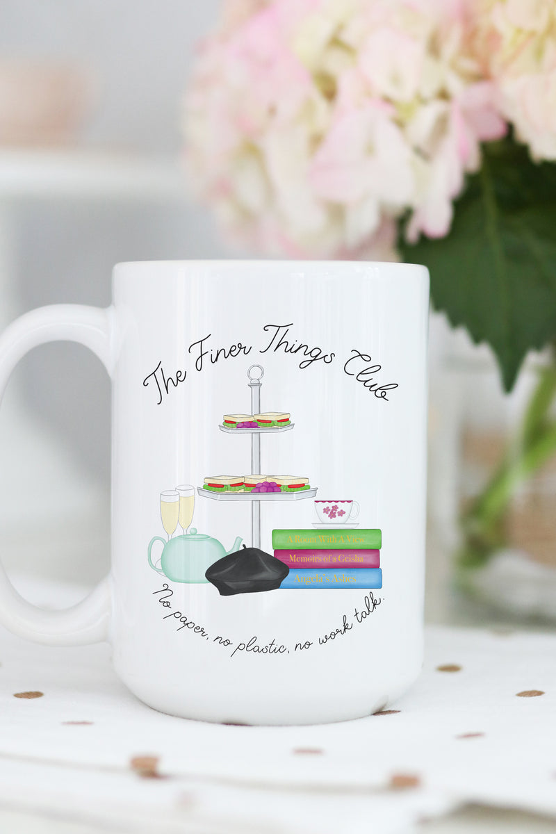 The Finer Things Club. No paper, no plastic, no work talk. Complete with fancy sandwiches, ginger ale in champagne glasses, Pam's teapot, tea cups, a classic black beret, A Room With A View, Memoirs of a Geisha, and Angela's Ashes.   Fact: This is the perfect mug for anyone who loves all things The Office! 