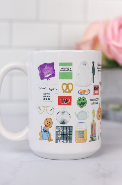 The Office mug. Prison Mike's bandana, the guide to Throwing a Garden Party, Pam's ripped wedding veil and Jim's cut tie, Diversity Day Cards, Cafe Disco disco ball, Nard dog, Stanley's crossword puzzle, Pam's teapot, pretzel day, the bouncing dvd logo, the Bushiest Beaver Dundie Award, the It Is Your Birthday banner, Kevin's chili, tickets to Sandals, Dwight's stapler in jello, Pam's painting, a Scott's tots t-shirt