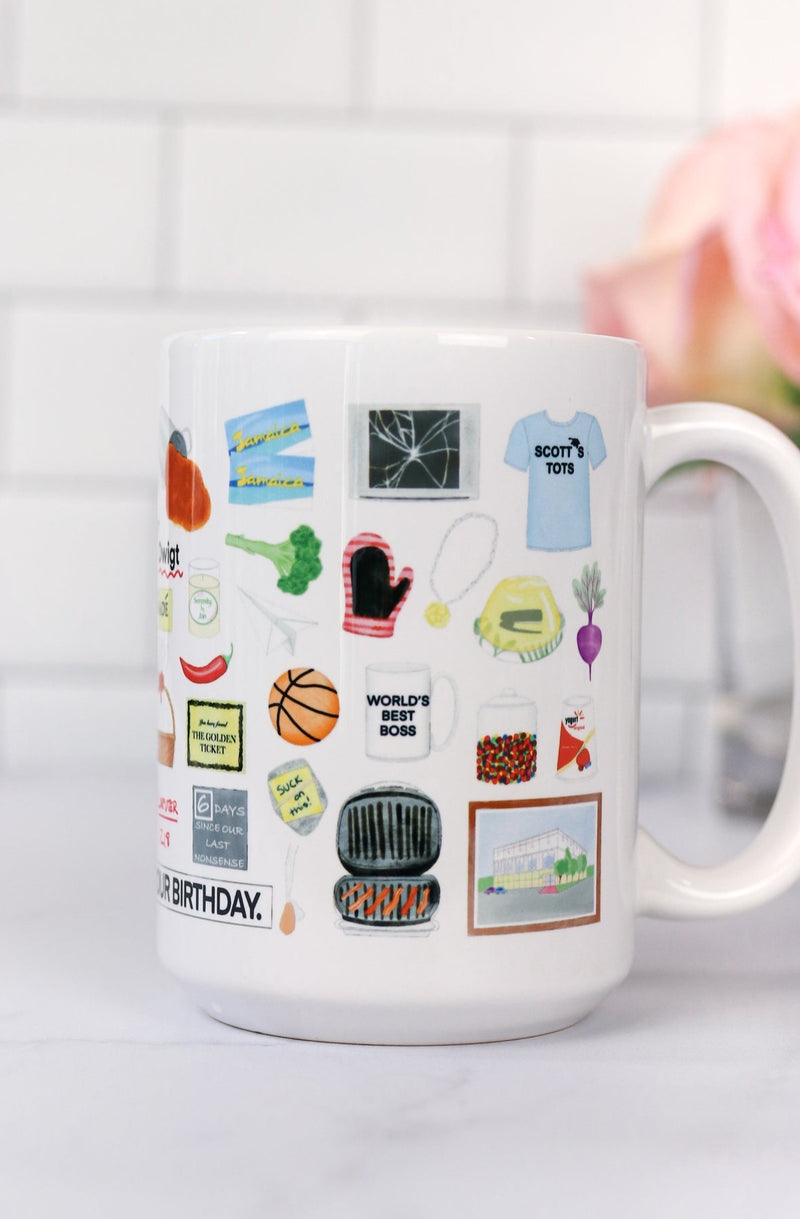 The Office mug. Prison Mike's bandana, the guide to Throwing a Garden Party, Pam's ripped wedding veil and Jim's cut tie, Diversity Day Cards, Cafe Disco disco ball, Nard dog, Stanley's crossword puzzle, Pam's teapot, pretzel day, the bouncing dvd logo, the Bushiest Beaver Dundie Award, the It Is Your Birthday banner, Kevin's chili, tickets to Sandals, Dwight's stapler in jello, Pam's painting, a Scott's tots t-shirt