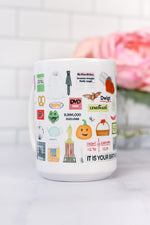 The Office mug. Prison Mike's bandana, the guide to Throwing a Garden Party, Pam's ripped wedding veil and Jim's cut tie, Diversity Day Cards, Cafe Disco disco ball, Nard dog, Stanley's crossword puzzle, Pam's teapot, pretzel day, the bouncing dvd logo, the Bushiest Beaver Dundie Award, the It Is Your Birthday banner, Kevin's chili, tickets to Sandals, Dwight's stapler in jello, Pam's painting, a Scott's tots t-shirt