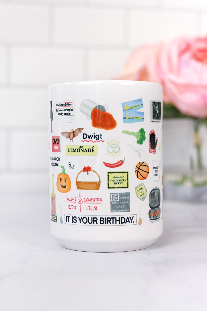 The Office mug. Prison Mike's bandana, the guide to Throwing a Garden Party, Pam's ripped wedding veil and Jim's cut tie, Diversity Day Cards, Cafe Disco disco ball, Nard dog, Stanley's crossword puzzle, Pam's teapot, pretzel day, the bouncing dvd logo, the Bushiest Beaver Dundie Award, the It Is Your Birthday banner, Kevin's chili, tickets to Sandals, Dwight's stapler in jello, Pam's painting, a Scott's tots t-shirt